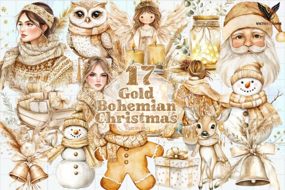 Download Gold Bohemian Christmas Clipart PNG - Old Collection