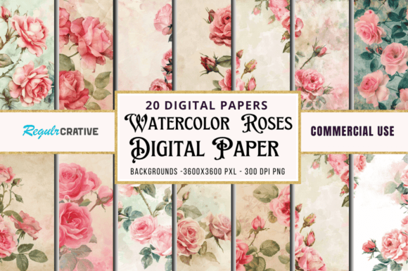 Download Vintage Watercolor Roses Digital Paper - Digital paper Collection